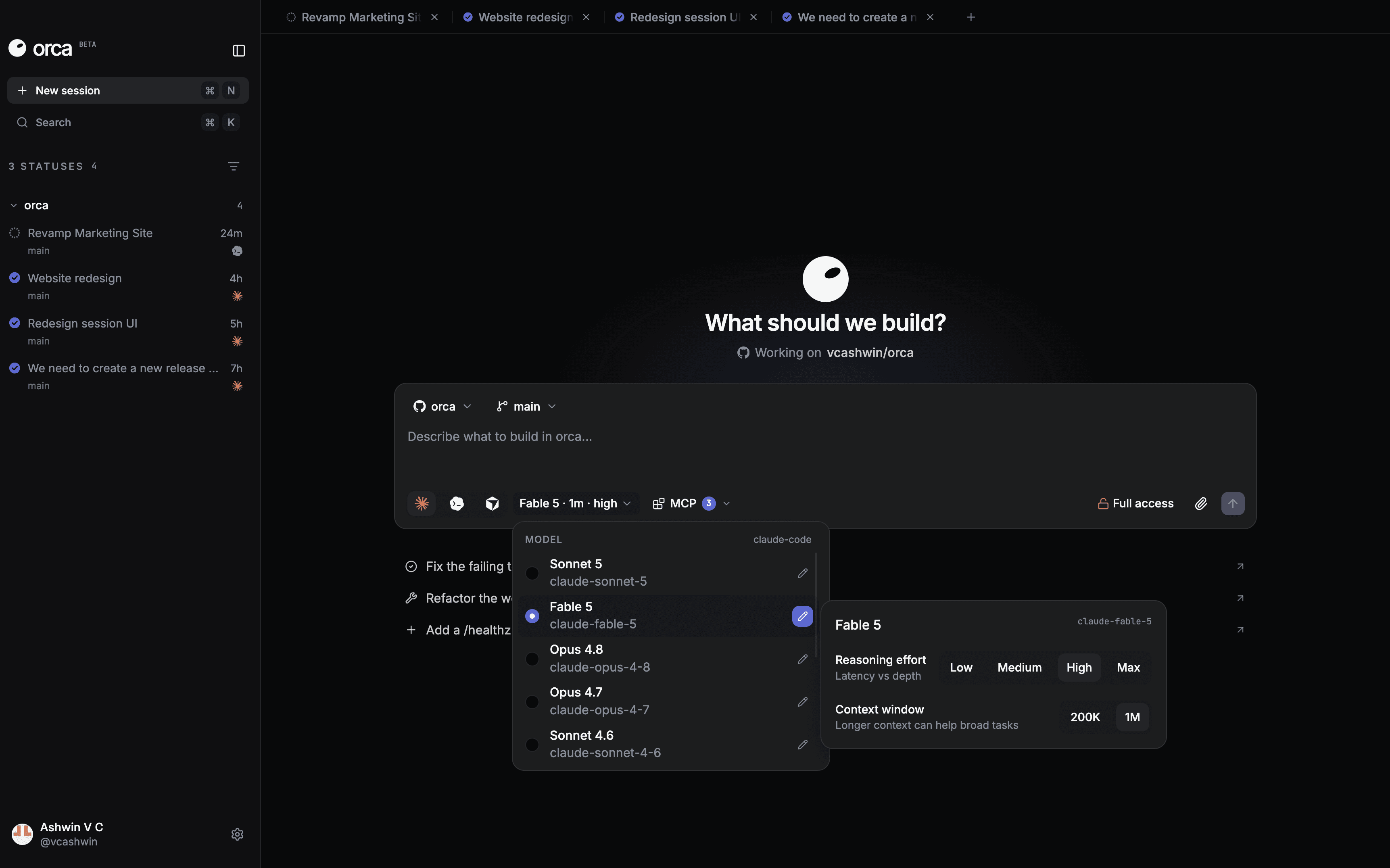orca desktop app — parallel agent sessions with the model picker open